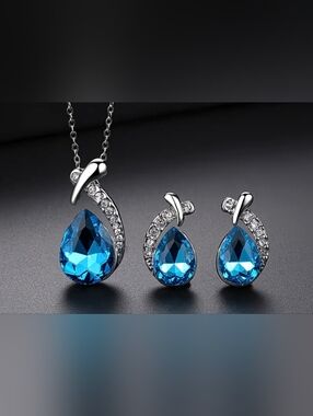 Blue Teardrop Crystal Necklace & Earring Set - Silver Tone